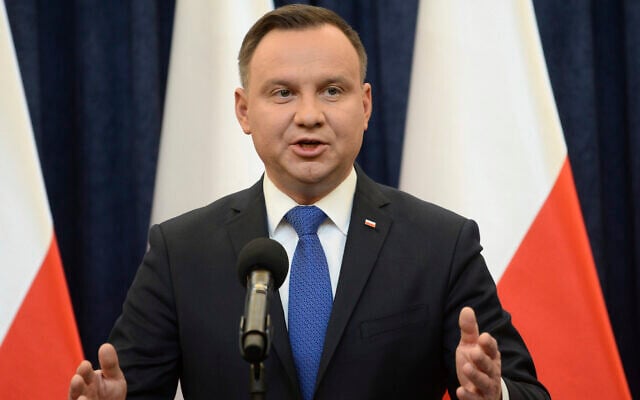Polish President Andrzej Duda announces his decision to sign legislation penalizing certain statements about the Holocaust, in Warsaw, Poland, on February 6, 2018. (AP Photo/Alik Keplicz) Polish President Andrzej Duda announces his decision to sign legislation penalizing certain statements about the Holocaust, in Warsaw, Poland, on February 6, 2018. (AP Photo/Alik Keplicz)