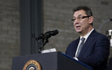 Pfizer CEO Albert Bourla speaks at a Pfizer manufacturing site, February 19, 2021, in Portage, Michigan. (AP Photo/Evan Vucci)
