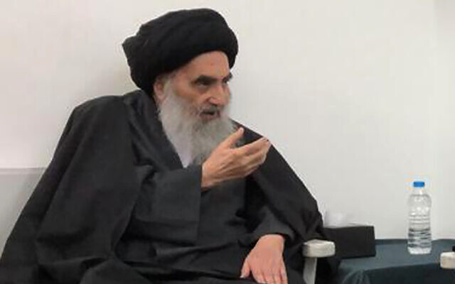 Senior Shiite cleric Grand Ayatollah Ali al-Sistani in the southern Iraqi city of Najaf, March, 13, 2019. (Office of Grand Ayatollah Ali al-Sistani, via AP)