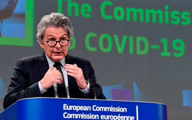 European Commissioner for Internal Market Thierry Breton speaks during a media conference on the Commissions response to COVID-19 at EU headquarters in Brussels, March 17, 2021. (John Thys, Pool via AP) European Commissioner for Internal Market Thierry Breton speaks during a media conference on the Commissions response to COVID-19 at EU headquarters in Brussels, March 17, 2021. (John Thys, Pool via AP)