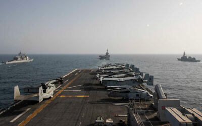 The deck of the amphibious assault ship USS Makin Island in the Arabian Sea, March 19, 2021. (US Navy/Mass Communication Specialist 3rd Class Ethan Jaymes Morrow, via AP)