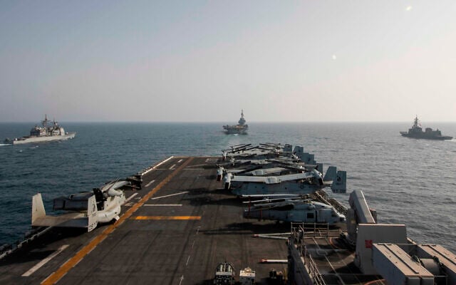 The deck of the amphibious assault ship USS Makin Island in the Arabian Sea, March 19, 2021. (US Navy/Mass Communication Specialist 3rd Class Ethan Jaymes Morrow, via AP) The deck of the amphibious assault ship USS Makin Island in the Arabian Sea, March 19, 2021. (US Navy/Mass Communication Specialist 3rd Class Ethan Jaymes Morrow, via AP)