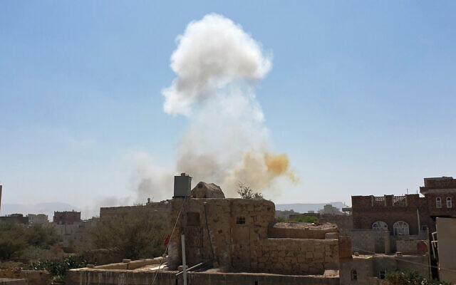 Smoke rises after Saudi-led airstrikes on an army base in Sanaa, Yemen, March 7, 2021. (AP Photo/Hani Mohammed, File) Smoke rises after Saudi-led airstrikes on an army base in Sanaa, Yemen, March 7, 2021. (AP Photo/Hani Mohammed, File)