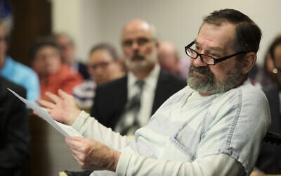 In this Nov. 15, 2015, file photo, Frazier Glenn Miller Jr. appears in Johnson County District Court in Olathe, Kan. Miller, an avowed anti-Semite who shot three people to death at two suburban Kansas City Jewish sites in 2014 is asking the Kansas Supreme Court to overturn his death sentence, saying he should not have been allowed to represent himself at trial. (Joe Ledford/The Kansas City Star via AP, Pool, File)