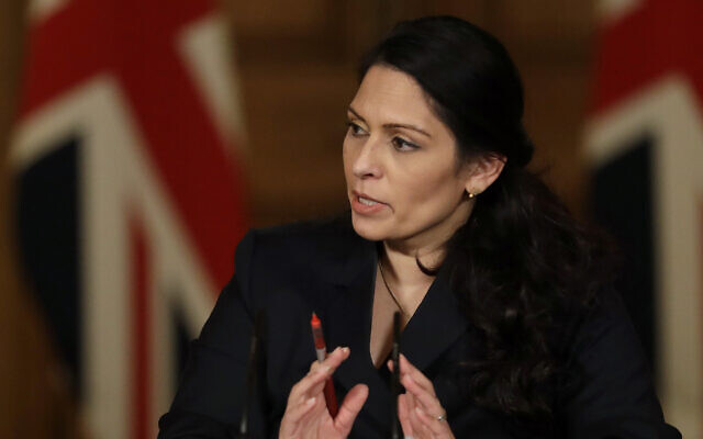 Britain's Home Secretary Priti Patel speaks about the COVID-19 pandemic in Downing Street, London, January 21, 2021. (Matt Dunham/ap)