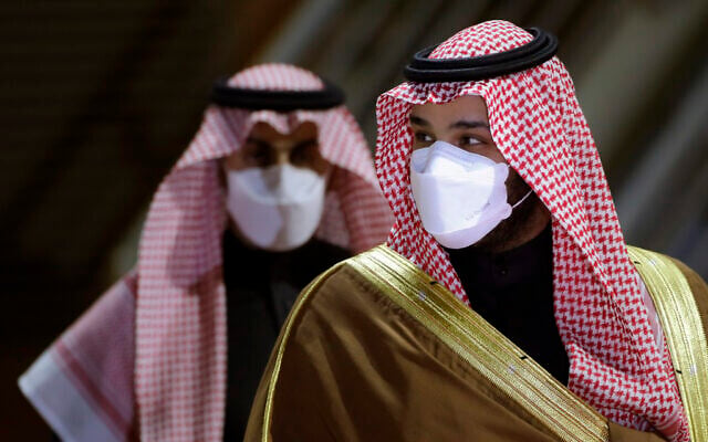 Saudi Crown Prince Mohammed bin Salman arrives to attend the Saudi Cup award ceremony at King Abdul Aziz race track in Riyadh, Saudi Arabia, on February 20, 2021. (Amr Nabil/AP)