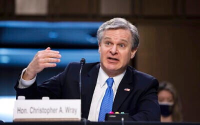 FBI Director Christopher Wray testifies before the Senate Judiciary Committee on Capitol Hill in Washington, March 2, 2021. (Graeme Jennings/Pool via AP)
