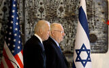 Then US vice-president Joe Biden, left, walks with Israel's President Reuven Rivlin at the President's Residence in Jerusalem, March 9, 2016. (AP Photo/ Sebastian Scheiner/ FILE)