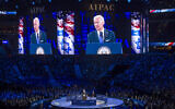 Then-US vice president Joe Biden is seen on large video screens as he addresses the American Israel Public Affairs Committee (AIPAC) Policy Conference in Washington, March 20, 2016. (AP Photo/Cliff Owen)