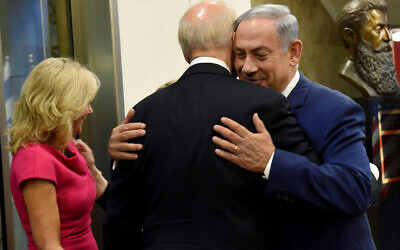 File: Prime Minister Benjamin Netanyahu greets then US Vice President Joe Biden upon his arrival to the prime minister's office in Jerusalem, Wednesday, March 9, 2016. (Debbie Hill, Pool, via AP)