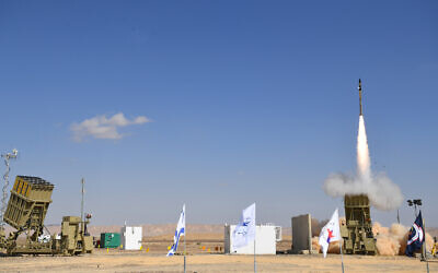This handout photo provided by the Defense Ministry on March 16, 2021, shows the Iron Dome missile defense system firing an interceptor missile during recent tests. (Defense Ministry)