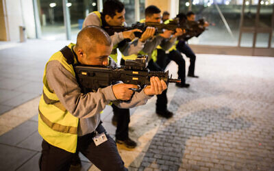 Illustrative: Members of a Knesset security team take part in a defense drill against terror attacks, at the Knesset in Jerusalem, on February 26, 2017. (Maor Kinsbursky/ Flash90/File)