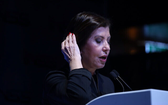 Then-Meretz party leader Zehava Galon speaks at the Annual International Conference of the Institute for National Security Studies in Tel Aviv on January 31, 2018. (Flash90) Then-Meretz party leader Zehava Galon speaks at the Annual International Conference of the Institute for National Security Studies in Tel Aviv on January 31, 2018. (Flash90)