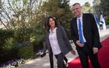 Likud ministers Yariv Levin (R) and Miri Regev arrive for a meeting with Reuven Rivlin at the President's Residence in Jerusalem on April 15, 2019. (Yonatan Sindel/Flash90)