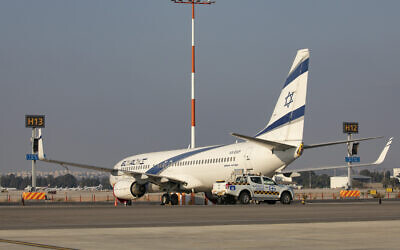 El Al plane parked at Ben Gurion Airport in Lod on August 3, 2020. (Olivier Fitoussi/Flash90)