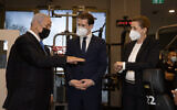 Prime Minister Benjamin Netanyahu , Austrian Chancellor Sebastian Kurz and Danish Prime Minister Mette Frederiksen visit a Gym in Modi'in, March 4, 2021 (Avigail Uzi/POOL)