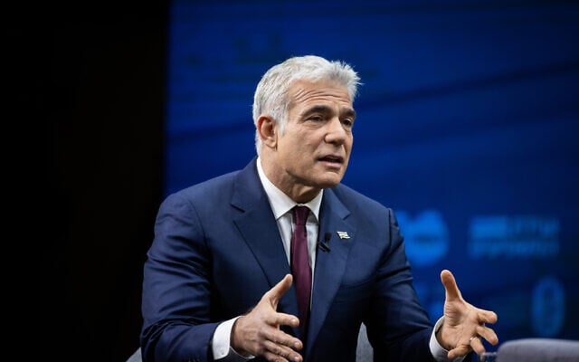 Head of the Yesh Atid party MK Yair Lapid in Jerusalem on March 7, 2021. (Yonatan Sindel/Flash90) Head of the Yesh Atid party MK Yair Lapid in Jerusalem on March 7, 2021. (Yonatan Sindel/Flash90)