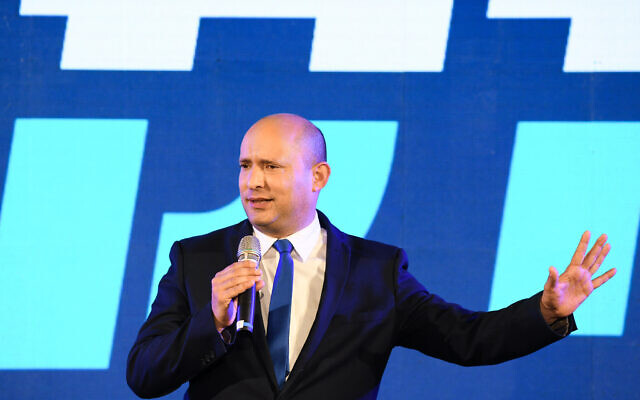 Yamina party leader Naftali Bennett seen during an election campaign event in the southern Israeli city of Sderot, March 17, 2021. (Yossi Zeliger/Flash90)