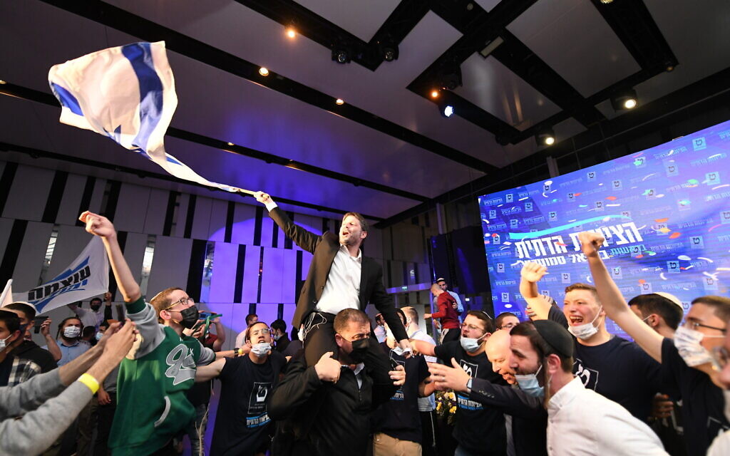 Religious Zionism head Bezalel Smotrich celebrates election results on March 23, 2021. (Sraya Diamant/Flash90)