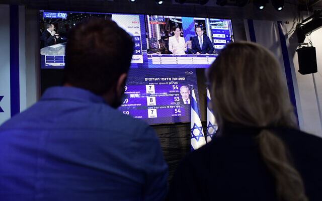 Activists in Tel Aviv watch the exit polls on elections night, on March 23, 2021. (Tomer Neuberg/Flash90) Activists in Tel Aviv watch the exit polls on elections night, on March 23, 2021. (Tomer Neuberg/Flash90)