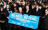From right: Rep. Jerrold Nadler, Gov. Andrew Cuomo, Sen. Chuck Schumer, Mayor Bill de Blasio and Sen. Kirsten Gillibrand hold a banner at the march against anti-Semitism in New York City, Jan. 5, 2020. (John Lamparski/Echoes Wire/Barcroft Media via Getty Images)