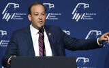US Rep. Lee Zeldin (R-NY) speaks during the Republican Jewish Coalition's annual leadership meeting at The Venetian Las Vegas ahead of an appearance by then-US President Donald Trump; on April 6, 2019 in Las Vegas, Nevada. (Ethan Miller/Getty Images)