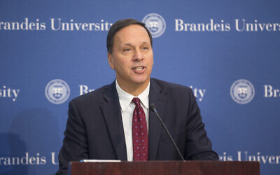 Brandeis University President Ron Liebowitz speaks at a news conference in Waltham, Massachusetts, October 2, 2017. (Scott Eisen/Getty Images via JTA)