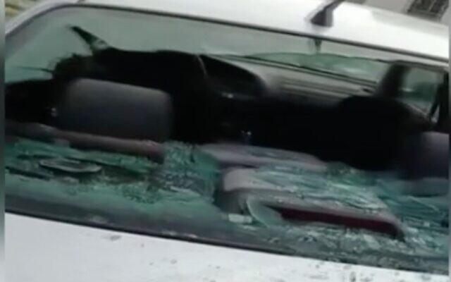 Screen capture from video a car damage in a suspected hate crime in the West Bank Palestinian village of Huwara, March 2, 2021. (Channel 12 News) Screen capture from video a car damage in a suspected hate crime in the West Bank Palestinian village of Huwara, March 2, 2021. (Channel 12 News)