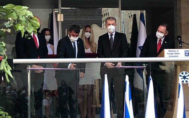 Foreign Minister Gabi Ashkenazi (second from left) and Czech Prime Minister Andres Babiš cut the ribbon at a ceremony opening the Jerusalem office of the Czech Embassy in Israel on March 11, 2021 (Lazar Berman/Times of Israel) Foreign Minister Gabi Ashkenazi (second from left) and Czech Prime Minister Andres Babiš cut the ribbon at a ceremony opening the Jerusalem office of the Czech Embassy in Israel on March 11, 2021 (Lazar Berman/Times of Israel)