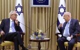 Illustrative: President Reuven Rivlin (R) hosts the new special UN coordinator for the Middle East peace process, Tor Wennesland, at the President's Residence in Jerusalem on March 21, 2021. (Mark Neyman, GPO)