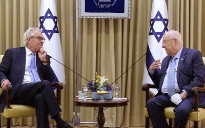 Illustrative: President Reuven Rivlin (R) hosts the new special UN coordinator for the Middle East peace process, Tor Wennesland, at the President's Residence in Jerusalem on March 21, 2021. (Mark Neyman, GPO)
