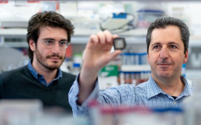 Prof. Yaakov Nahmias (right) and researcher Aaron Cohen, holding the "human simulator" chip (courtesy of Hebrew University) Prof. Yaakov Nahmias (right) and researcher Aaron Cohen, holding the "human simulator" chip (courtesy of Hebrew University)