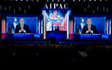 Prime Minister Benjamin Netanyahu speaks on a video from Israel to the 2019 American Israel Public Affairs Committee (AIPAC) policy conference, at Washington Convention Center, in Washington, DC, on March 26, 2019. (AP/Jose Luis Magana)