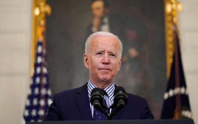 US President Joe Biden speaks in the State Dining Room of the White House, March 6, 2021, in Washington. (AP Photo/Alex Brandon)