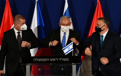 Prime Minister Benjamin Netanyahu, center, with Czech Prime Minister Andrej Babis, left, and Hungarian Prime Minister Viktor Orban, right, in Jerusalem, March 11, 2021. (Haim Zach/GPO)