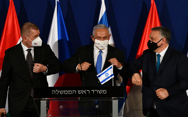 Prime Minister Benjamin Netanyahu, center, with Czech Prime Minister Andrej Babis, left, and Hungarian Prime Minister Viktor Orban, right, in Jerusalem, March 11, 2021. (Haim Zach/GPO) Prime Minister Benjamin Netanyahu, center, with Czech Prime Minister Andrej Babis, left, and Hungarian Prime Minister Viktor Orban, right, in Jerusalem, March 11, 2021. (Haim Zach/GPO)