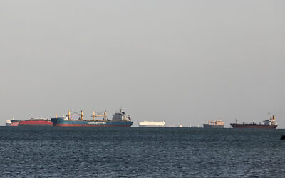 Cargo ships idle in the Gulf of Suez, March 26, 2021. (AP Photo/Mohamed Elshahed)