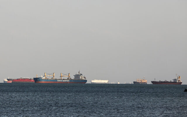 Cargo ships idle in the Gulf of Suez, March 26, 2021. (AP Photo/Mohamed Elshahed) Cargo ships idle in the Gulf of Suez, March 26, 2021. (AP Photo/Mohamed Elshahed)