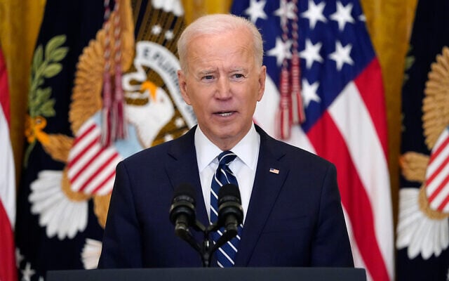 US President Joe Biden speaks during a news conference in the East Room of the White House, March 25, 2021, in Washington. (AP Photo/Evan Vucci) US President Joe Biden speaks during a news conference in the East Room of the White House, March 25, 2021, in Washington. (AP Photo/Evan Vucci)