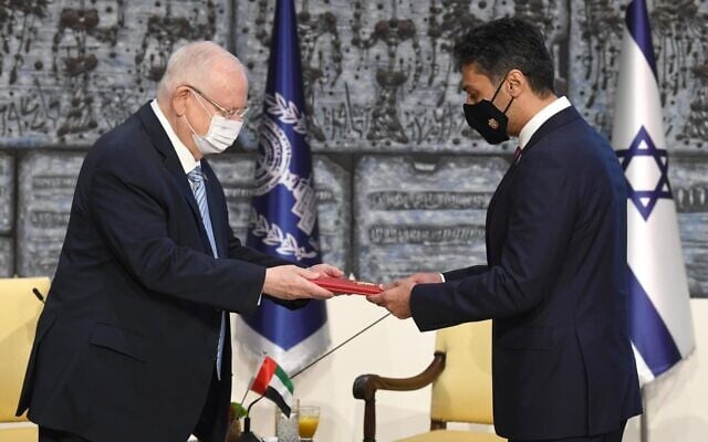 The UAE's first ambassador to Israel, Mohammad Mahmoud Al Khajah, presents his credentials to President Reuven Rivlin in Jerusalem, on March 1, 2021. (Mark Neyman/GPO) The UAE's first ambassador to Israel, Mohammad Mahmoud Al Khajah, presents his credentials to President Reuven Rivlin in Jerusalem, on March 1, 2021. (Mark Neyman/GPO)