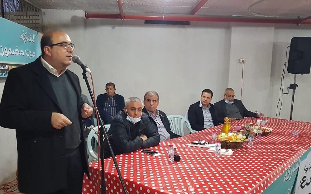 Balad chief Sami Abou Shehadeh addresses voters in Arraba on March 13, 2021. (Joint List) Balad chief Sami Abou Shehadeh addresses voters in Arraba on March 13, 2021. (Joint List)