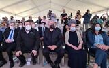 Prime Minister Benjamin Netanyahu (center) and members of his Likud party at an inauguration ceremony for a new neighborhood in the West Bank settlement of Revava, March 23, 2021. (Roy Hadi/Shomron Regional Council)