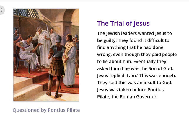 A slide from a homework assignment that blames Jews for Jesus' death. (Joanne Bell via Topmarks/Twitter/JTA)) A slide from a homework assignment that blames Jews for Jesus' death. (Joanne Bell via Topmarks/Twitter/JTA))