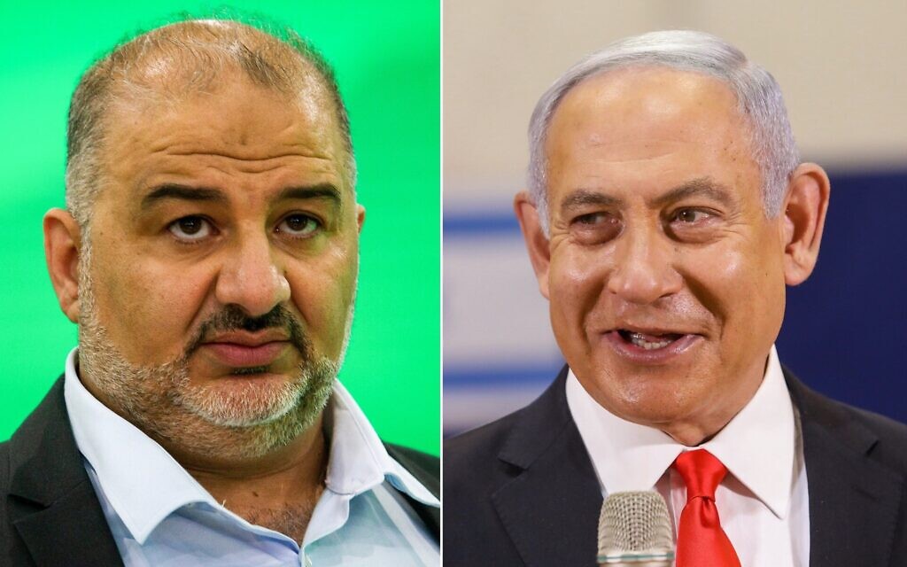A combination image showing former prime minister Benjamin Netanyahu (R) (Marc Israel Sellem/POOL) and Ra'am party leader Mansour Abbas March 23, 2021. (Flash90) A combination image showing former prime minister Benjamin Netanyahu (R) (Marc Israel Sellem/POOL) and Ra'am party leader Mansour Abbas March 23, 2021. (Flash90)