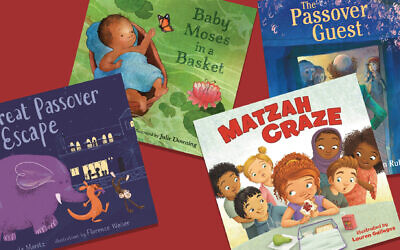 Passover books 'Baby Moses in a Basket,' 'The Great Passover Escape,' 'Matzah Craze,' and 'The Passover Guest.'  (Kar-Ben Books; Candlewick; Holiday House Publishing/ via JTA)