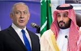 Left: Then Prime Minister Benjamin Netanyahu in Tel Aviv, March 8, 2021 (Miriam Alster/Pool via AP); Right: Saudi Arabia's Crown Prince Mohammed bin Salman attends a virtual G-20 summit held over video conferencing, in Riyadh, Saudi Arabia,  November 22, 2020. (Bandar Aljaloud/Saudi Royal Palace via AP)