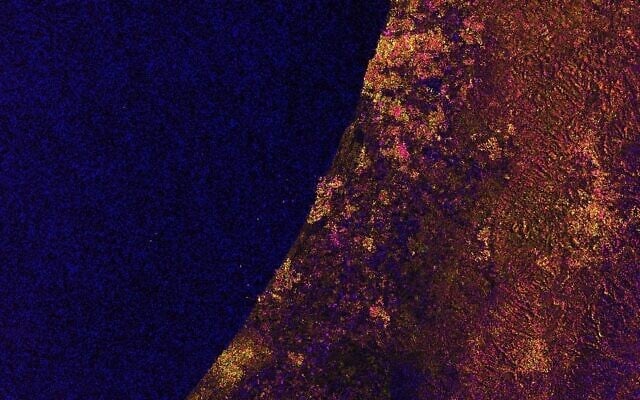 A satellite image of Israel and Gaza's southern Mediterranean coast taken by the EU's Sentinel 1 on February 12, 2021. (screen capture) A satellite image of Israel and Gaza's southern Mediterranean coast taken by the EU's Sentinel 1 on February 12, 2021. (screen capture)