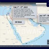 Information provided by Windward that helped the Environmental Protection Ministry to pinpoint the crude oil tanker responsible for a massive oil spill in February, 2021. (Courtesy, Windward) Information provided by Windward that helped the Environmental Protection Ministry to pinpoint the crude oil tanker responsible for a massive oil spill in February, 2021. (Courtesy, Windward)