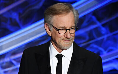 Director Steven Spielberg speaks at the Academy Awards in Hollywood, February 9, 2020. (Kevin Winter/Getty Images via JTA)