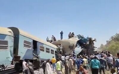The scene of a collision between two trains in Egypt, March 26, 2020 (Screen grab/Twitter)